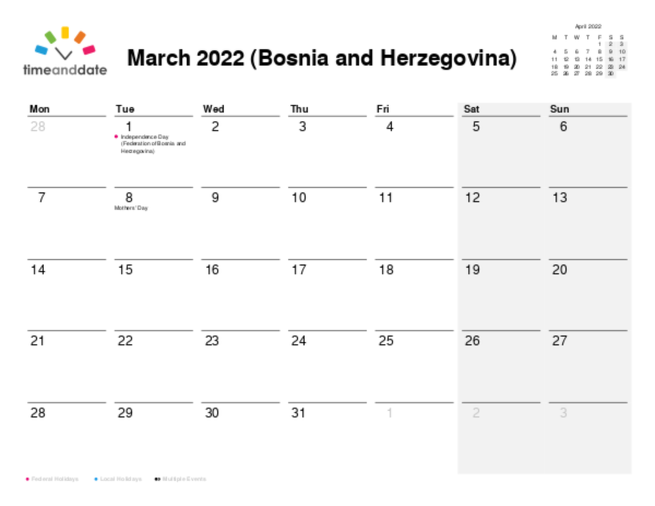 Calendar for 2022 in Bosnia and Herzegovina