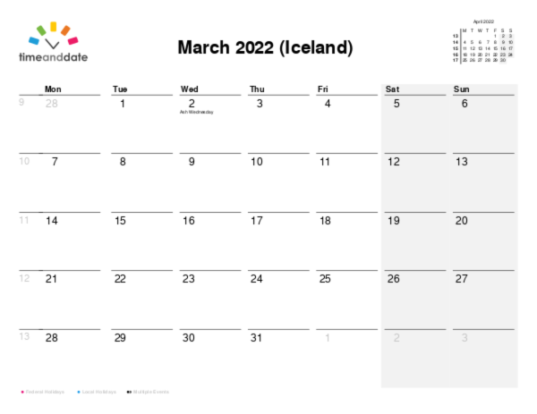 Calendar for 2022 in Iceland