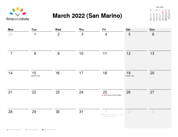 Calendar for 2022 in San Marino
