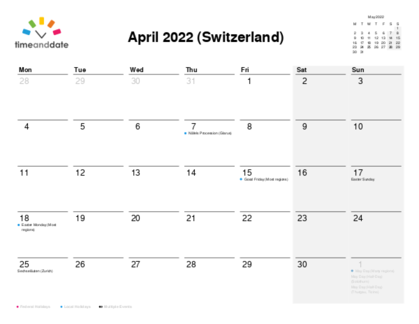 Calendar for 2022 in Switzerland
