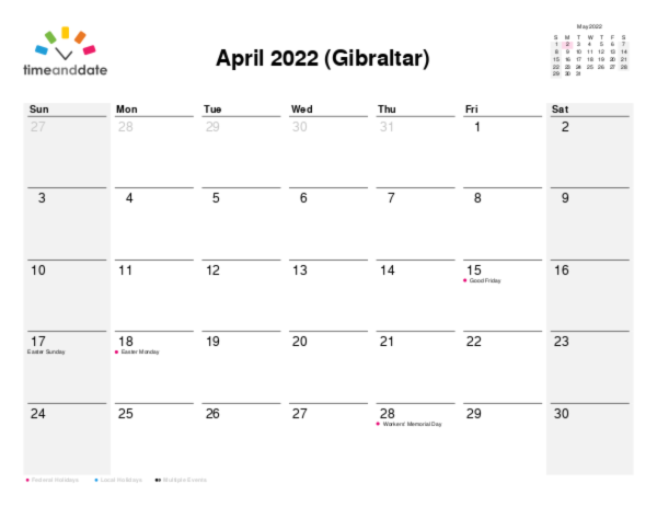 Calendar for 2022 in Gibraltar
