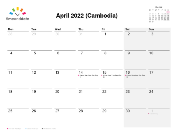Calendar for 2022 in Cambodia