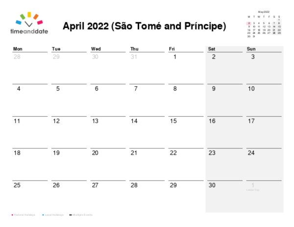 Calendar for 2022 in São Tomé and Príncipe