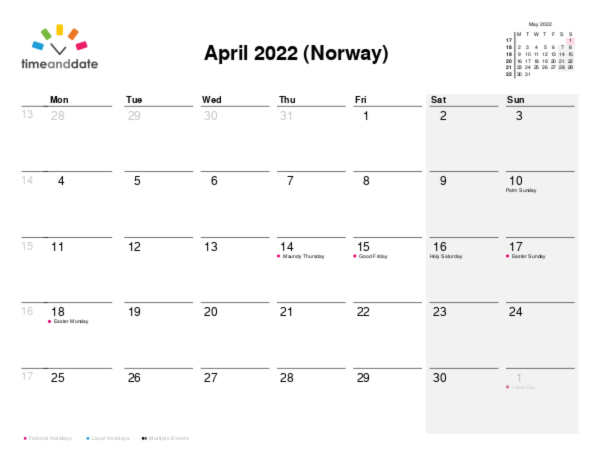 Calendar for 2022 in Norway