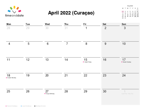 Calendar for 2022 in Curaçao