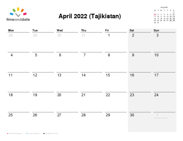 Calendar for 2022 in Tajikistan