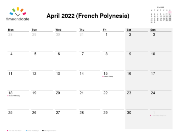 Calendar for 2022 in French Polynesia