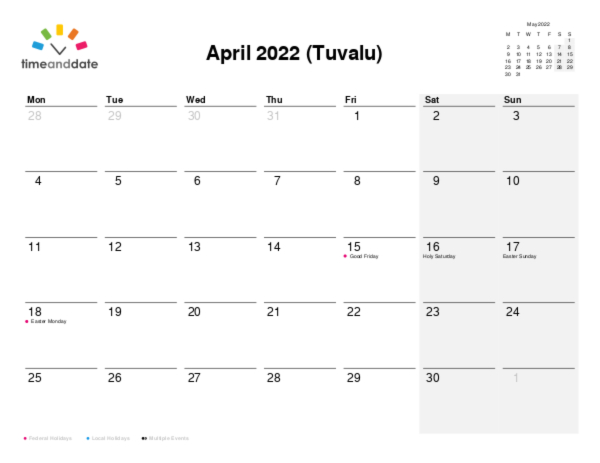 Calendar for 2022 in Tuvalu