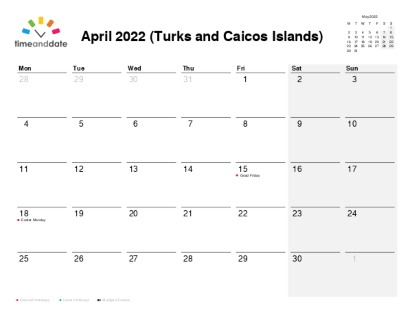 Calendar for 2022 in Turks and Caicos Islands