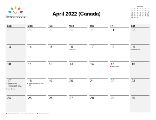 Calendar for 2022 in Canada