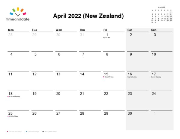 Calendar for 2022 in New Zealand