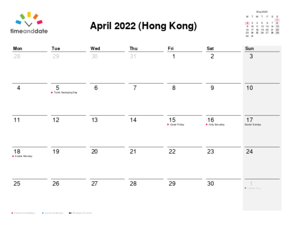 Calendar for 2022 in Hong Kong