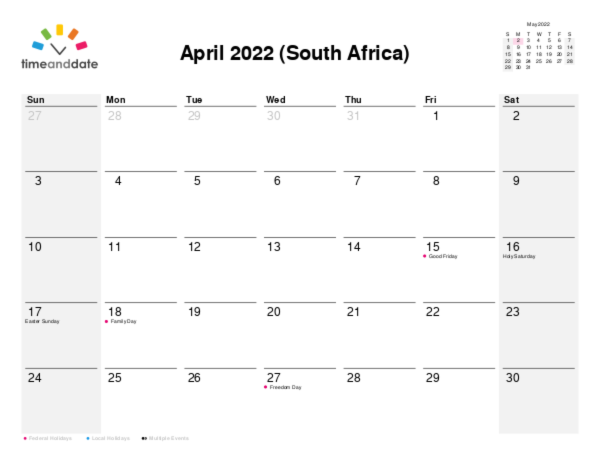 Calendar for 2022 in South Africa