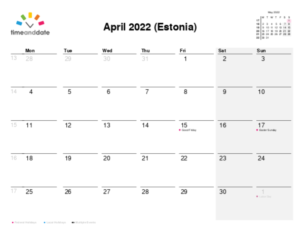 Calendar for 2022 in Estonia
