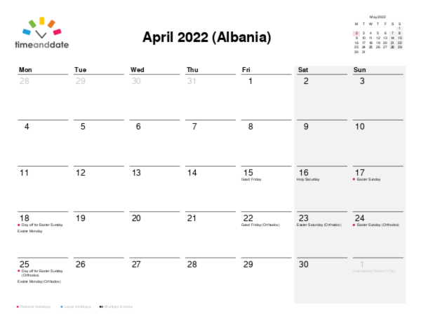 Calendar for 2022 in Albania