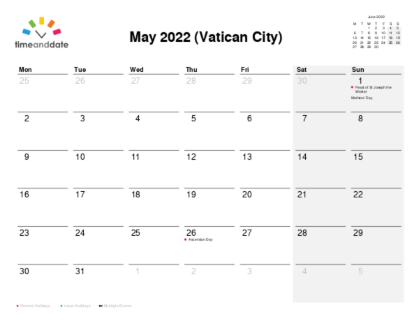 Calendar for 2022 in Vatican City