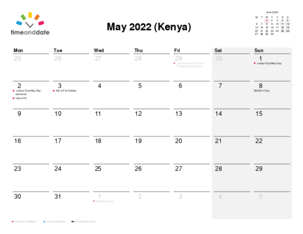 Calendar for 2022 in Kenya