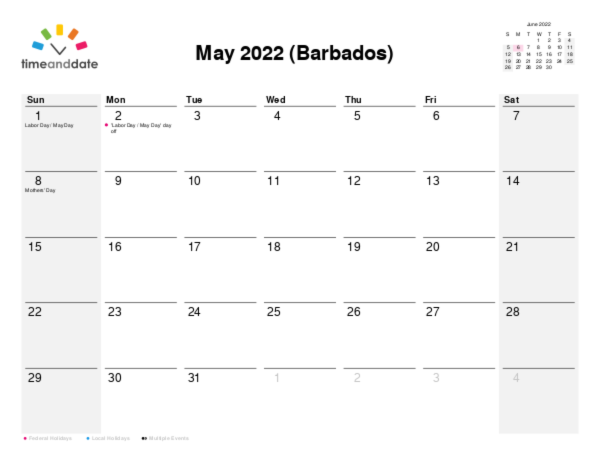 Calendar for 2022 in Barbados