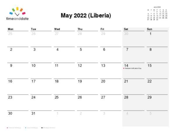 Calendar for 2022 in Liberia