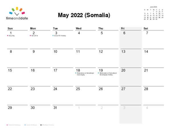 Calendar for 2022 in Somalia