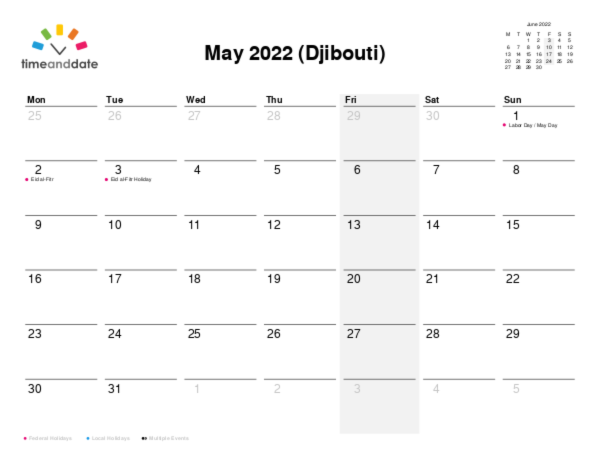 Calendar for 2022 in Djibouti