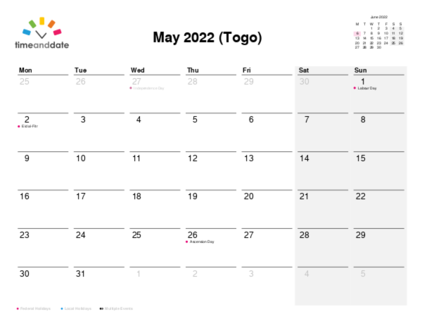 Calendar for 2022 in Togo