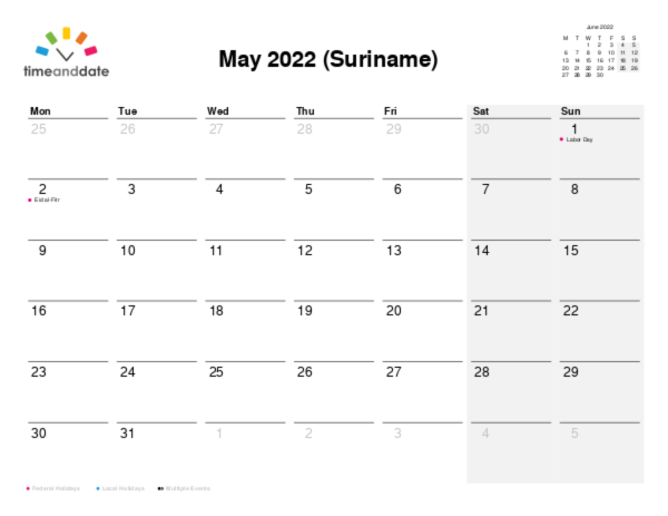 Calendar for 2022 in Suriname