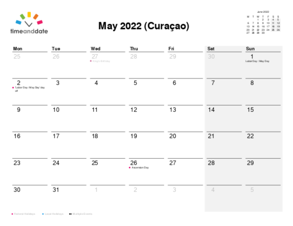 Calendar for 2022 in Curaçao