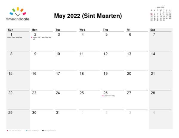 Calendar for 2022 in Sint Maarten