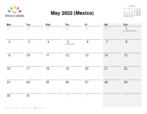 Calendar for 2022 in Mexico