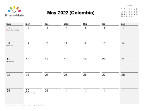 Calendar for 2022 in Colombia