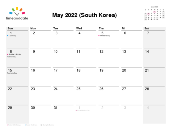 Calendar for 2022 in South Korea