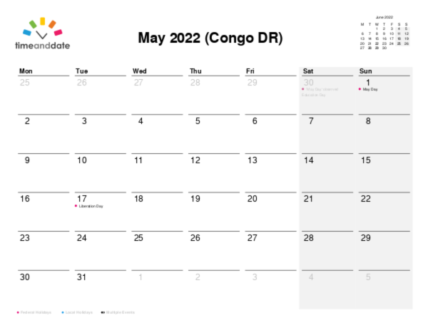 Calendar for 2022 in Congo DR