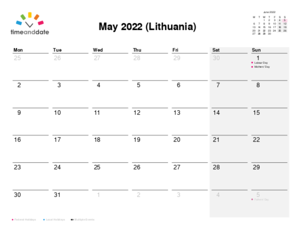 Calendar for 2022 in Lithuania