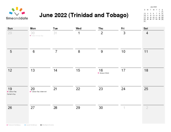 Calendar for 2022 in Trinidad and Tobago