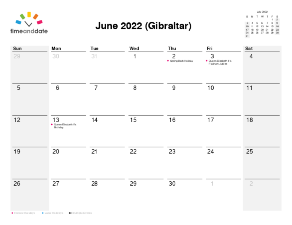 Calendar for 2022 in Gibraltar