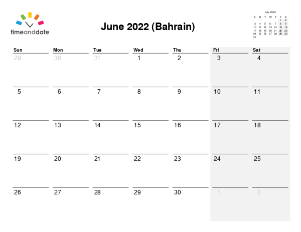 Calendar for 2022 in Bahrain