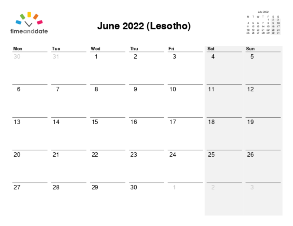 Calendar for 2022 in Lesotho