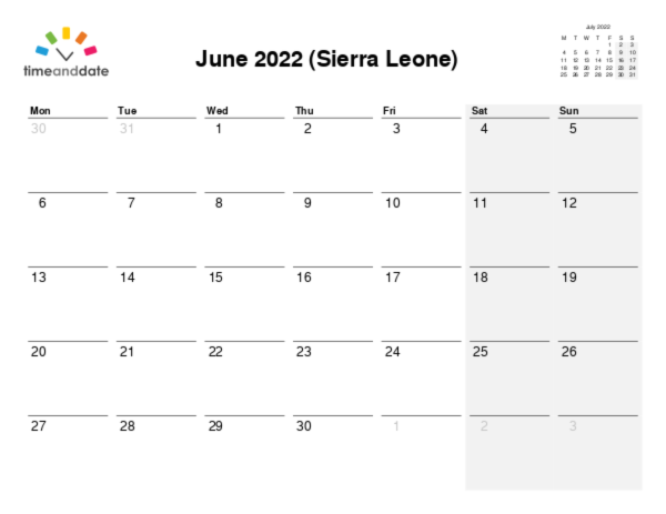Calendar for 2022 in Sierra Leone