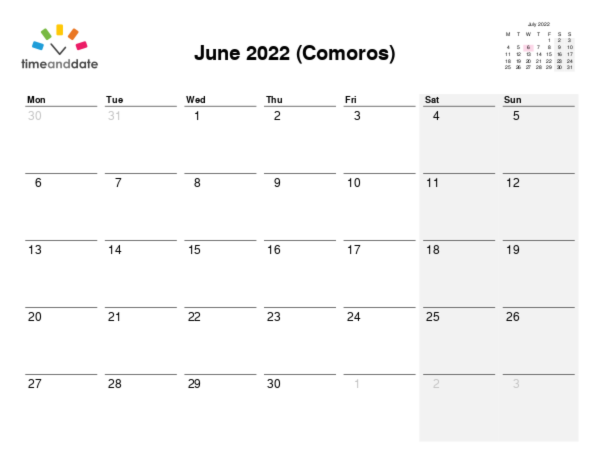 Calendar for 2022 in Comoros