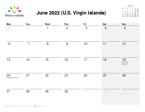 Calendar for 2022 in U.S. Virgin Islands