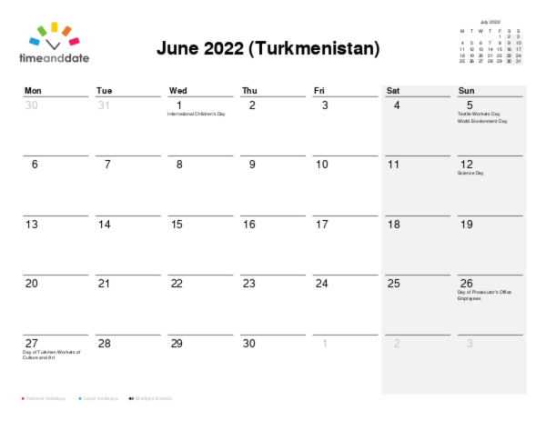 Calendar for 2022 in Turkmenistan