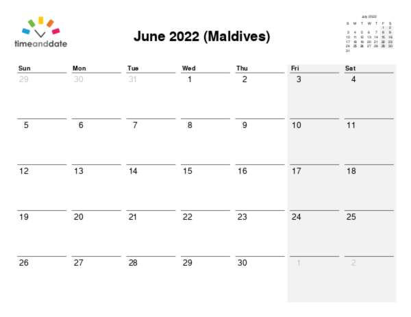 Calendar for 2022 in Maldives