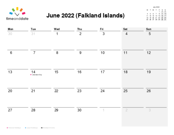 Calendar for 2022 in Falkland Islands