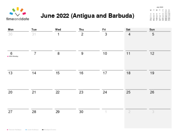 Calendar for 2022 in Antigua and Barbuda