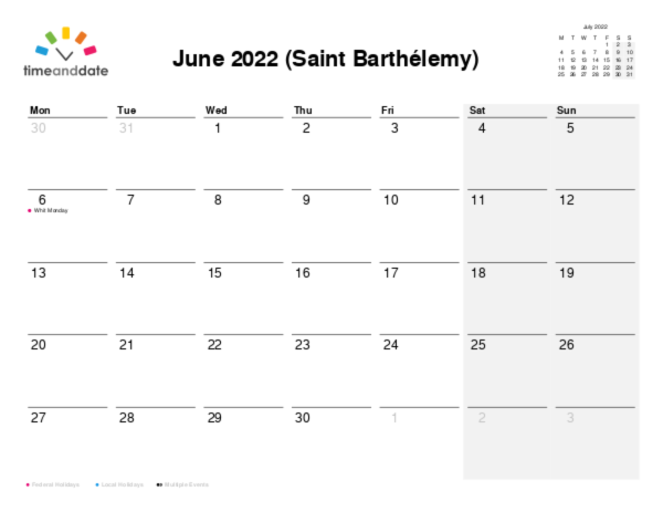 Calendar for 2022 in Saint Barthélemy