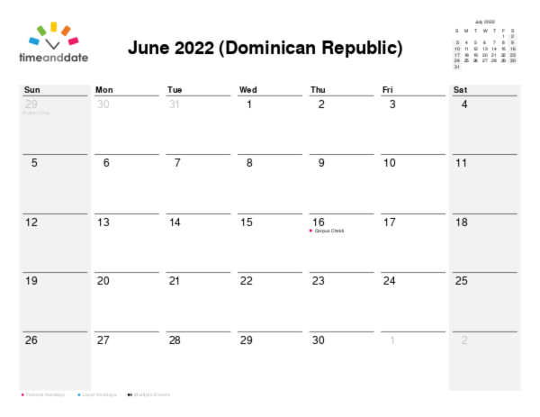 Calendar for 2022 in Dominican Republic