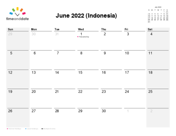 Calendar for 2022 in Indonesia