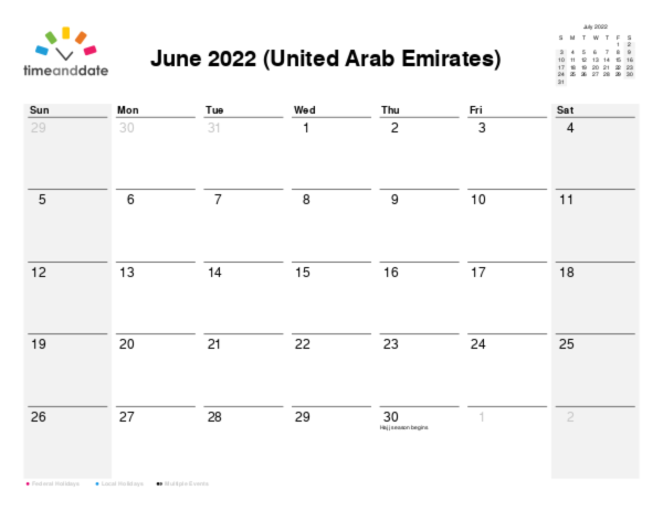 Calendar for 2022 in United Arab Emirates