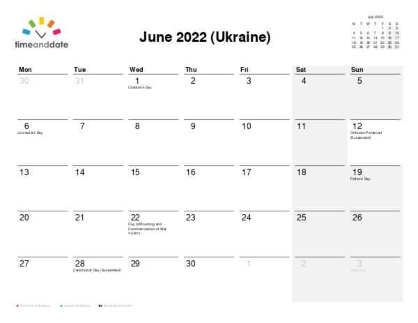 Calendar for 2022 in Ukraine